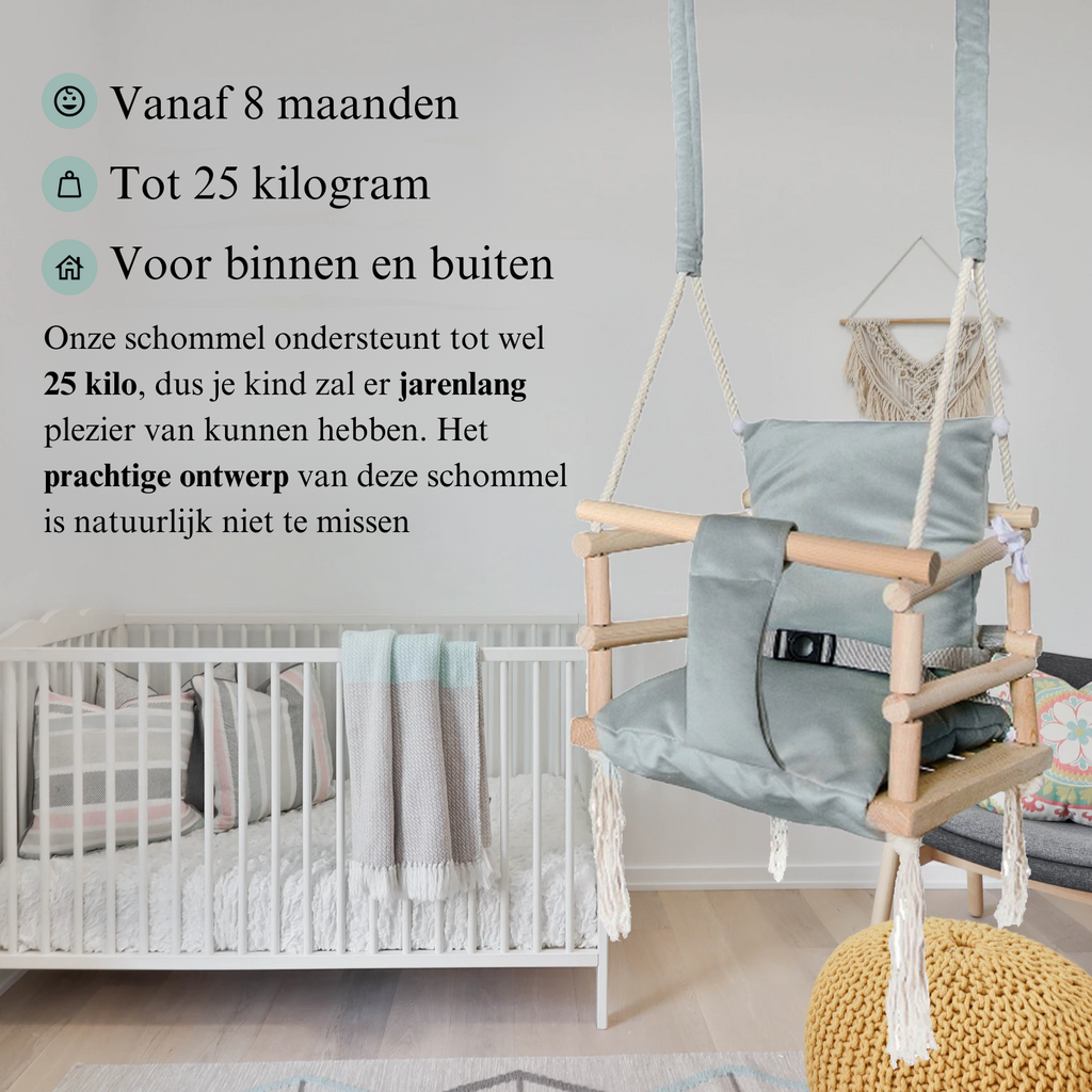 Luxe houten 3 in 1 Licht grijze meegroei babyschommel en Kinderschommel