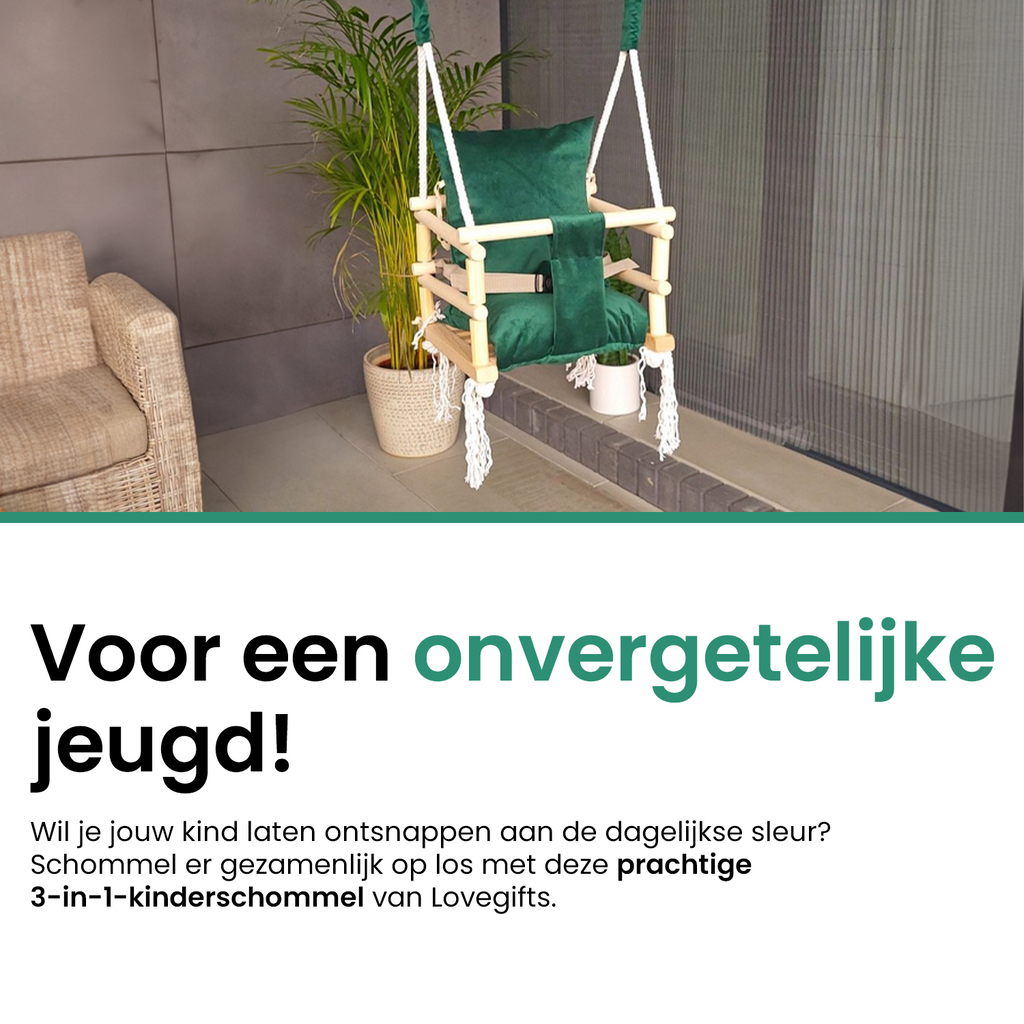 Luxe 3 in 1 groene meegroei babyschommel en Kinderschommel