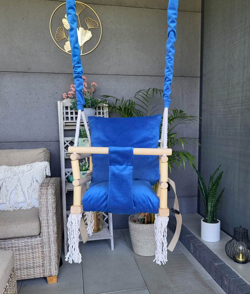 Luxe houten 3 in 1 blauwe meegroei babyschommel en Kinderschommel