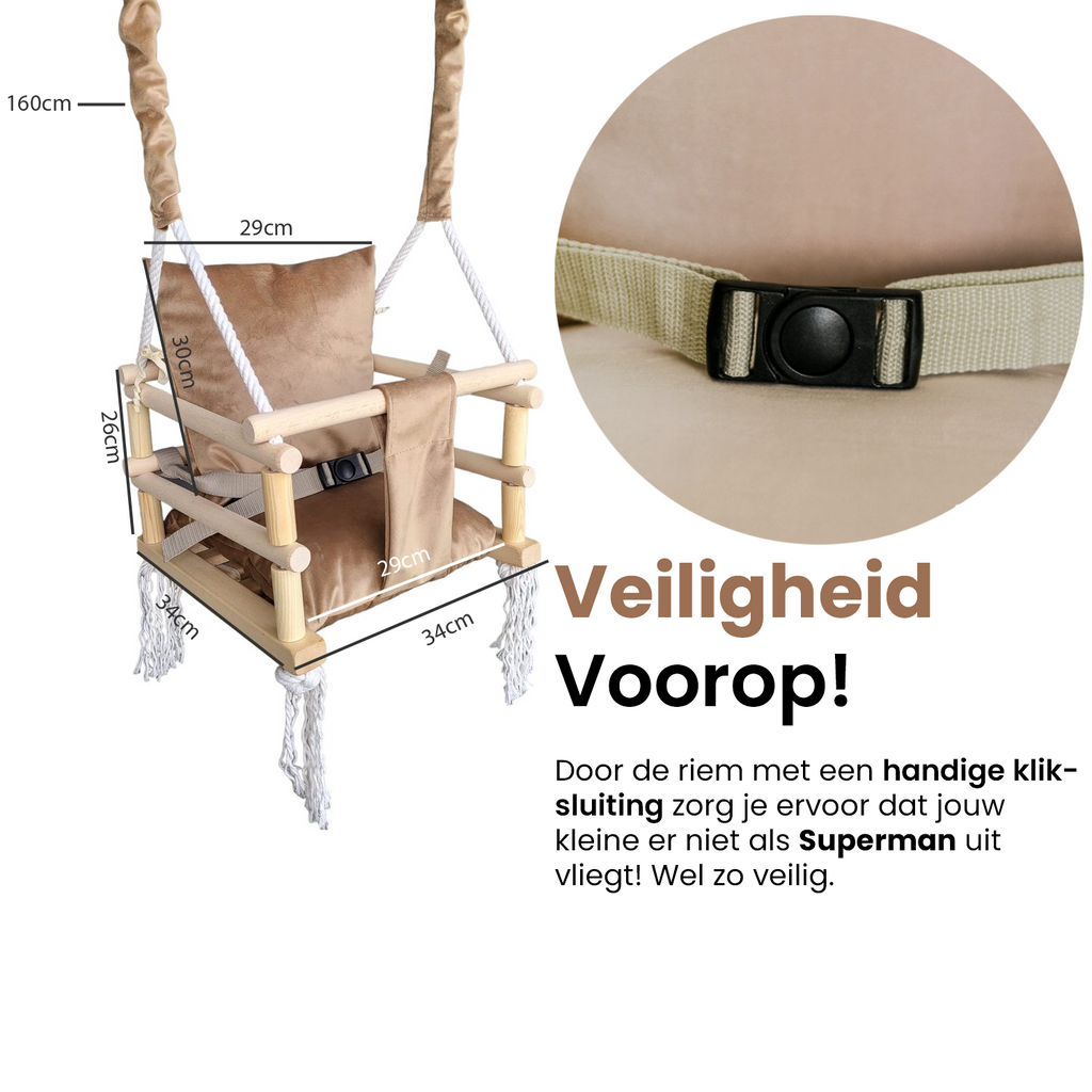 Luxe 3 in 1 beige/bruine meegroei babyschommel en Kinderschommel