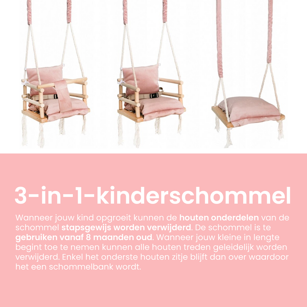 Luxe houten 3 in 1 roze meegroei babyschommel en Kinderschommel