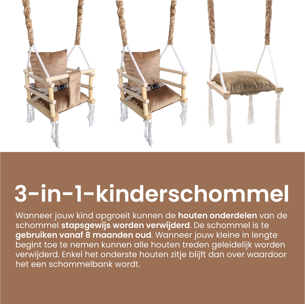 Luxe 3 in 1 beige/bruine meegroei babyschommel en Kinderschommel