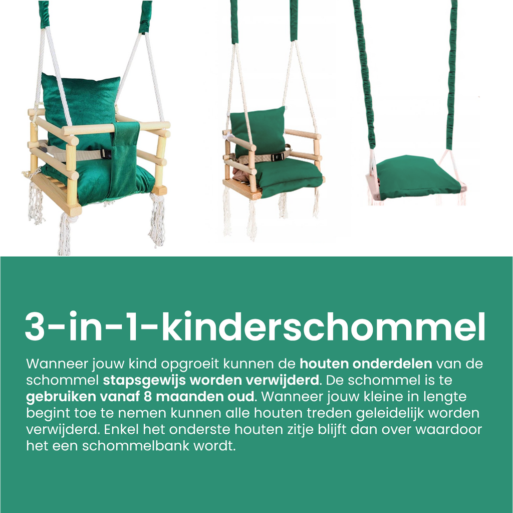 Luxe 3 in 1 groene meegroei babyschommel en Kinderschommel