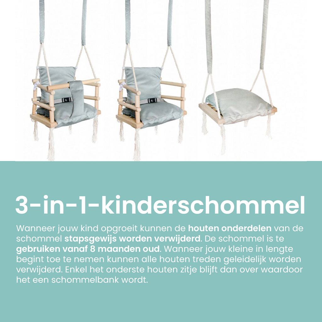 Luxe houten 3 in 1 Licht grijze meegroei babyschommel en Kinderschommel