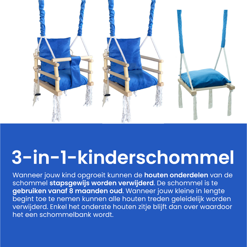 Luxe houten 3 in 1 blauwe meegroei babyschommel en Kinderschommel