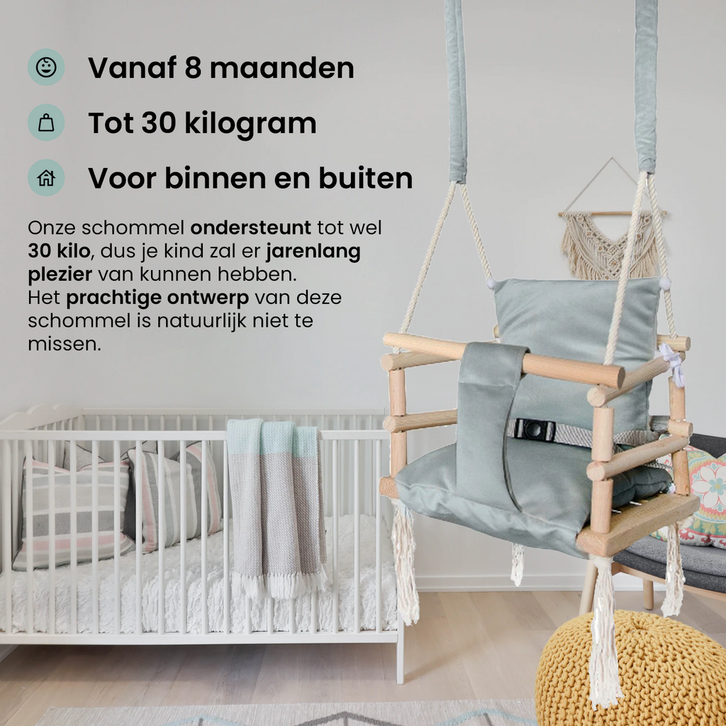 Luxe houten 3 in 1 Licht grijze meegroei babyschommel en Kinderschommel