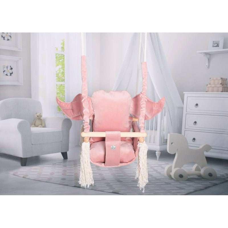 Luxe houten olifant handgemaakte roze babyschommel/ kinderschommel met olifant oor vormig kussen