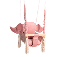 Afbeelding in Gallery-weergave laden, Luxe houten olifant handgemaakte roze babyschommel/ kinderschommel met olifant oor vormig kussen