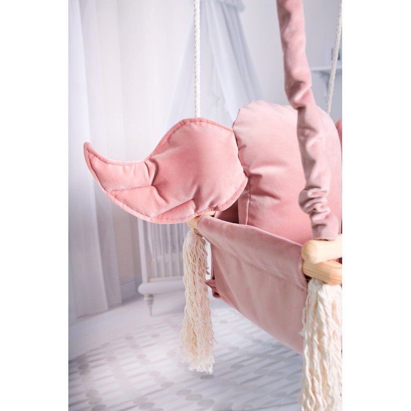 Luxe houten olifant handgemaakte roze babyschommel/ kinderschommel met olifant oor vormig kussen