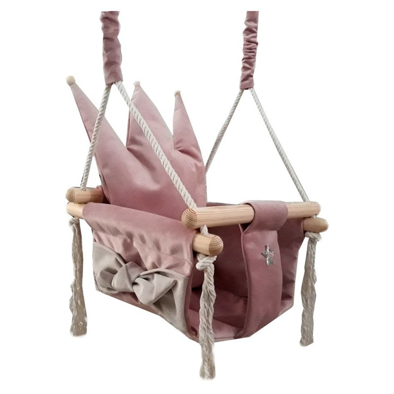 Luxe houten handgemaakte roze babyschommel/ kinderschommel met kroon vormig kussen