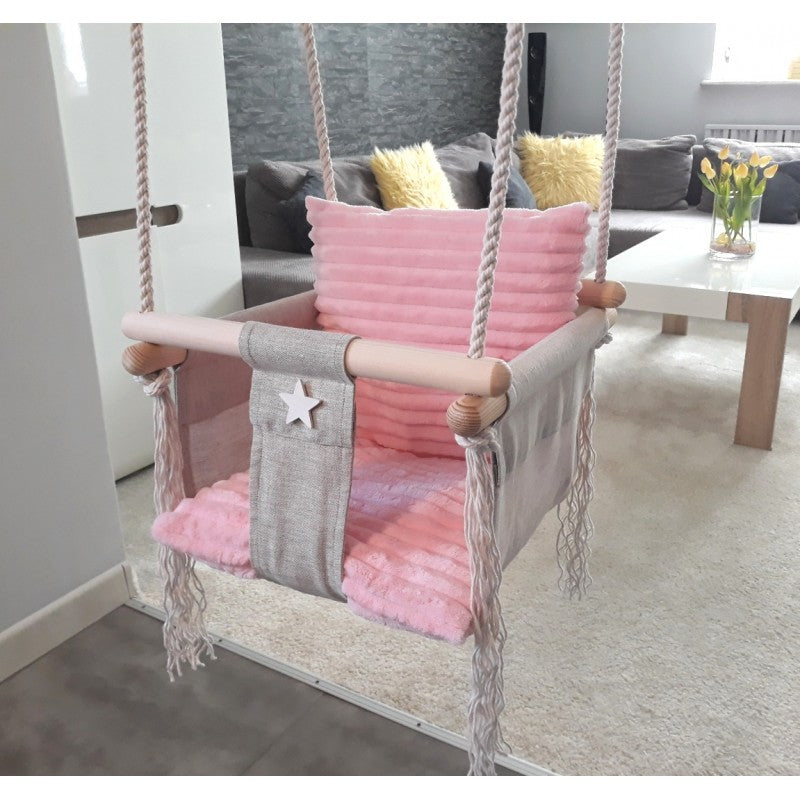 Luxe houten handgemaakte linnen babyschommel/ kinderschommel met roze kussen