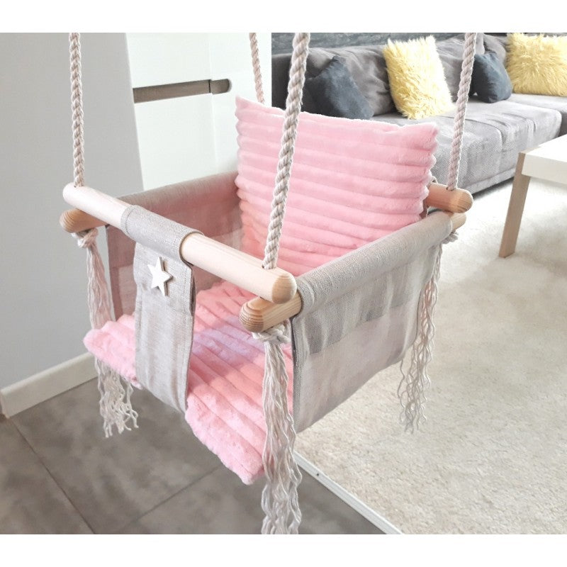 Luxe houten handgemaakte linnen babyschommel/ kinderschommel met roze kussen