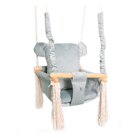 Luxe houten beer handgemaakte licht grijze babyschommel/ kinderschommel met beer oor vormig kussen