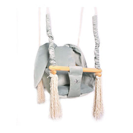 Luxe houten konijn handgemaakte licht grijze babyschommel/ kinderschommel met konijn oor vormig kussen